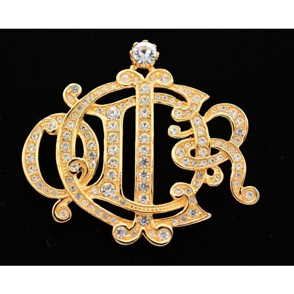 Christian Dior Vintage 2" Logo Pin Brooch Insignia Script Crystal Signed Bin1 - Picture 1 of 12